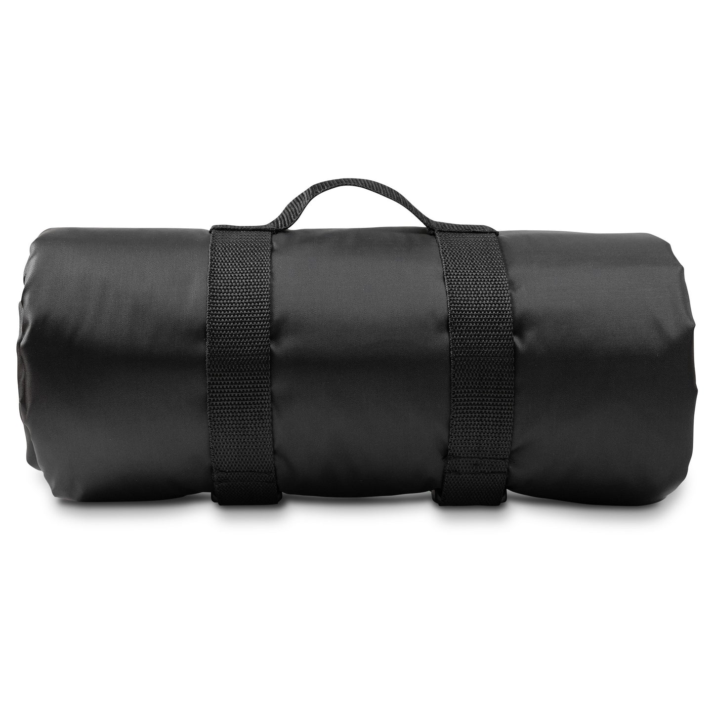 A black, rolled-up water-resistant stadium blanket secured with two black straps and a carrying handle on top, set against a plain white background. The material appears smooth and slightly shiny.