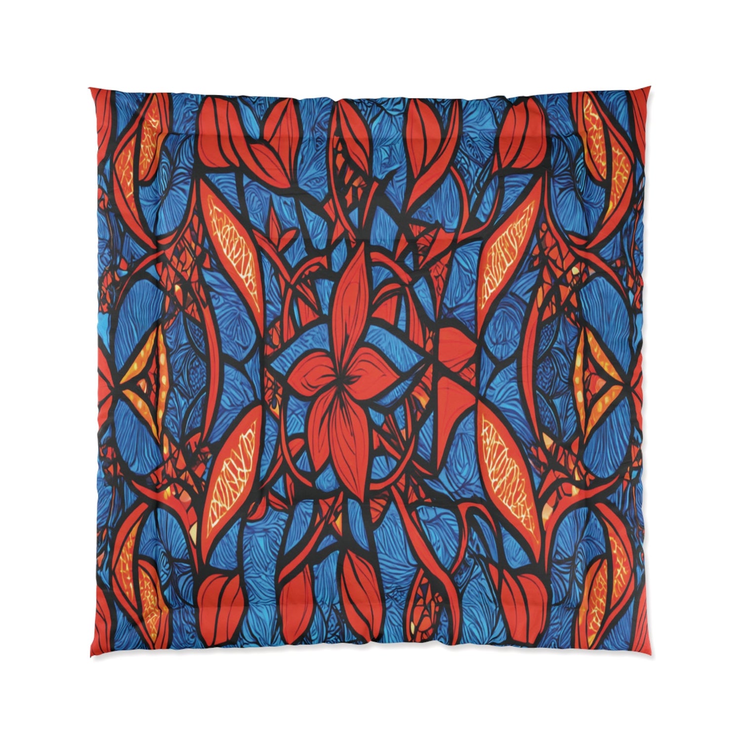 A tapestry with an intricate abstract pattern in bold red, deep blue, and orange. Central red flower-like shapes are surrounded by swirling, leaf-like and geometric blue and orange details.