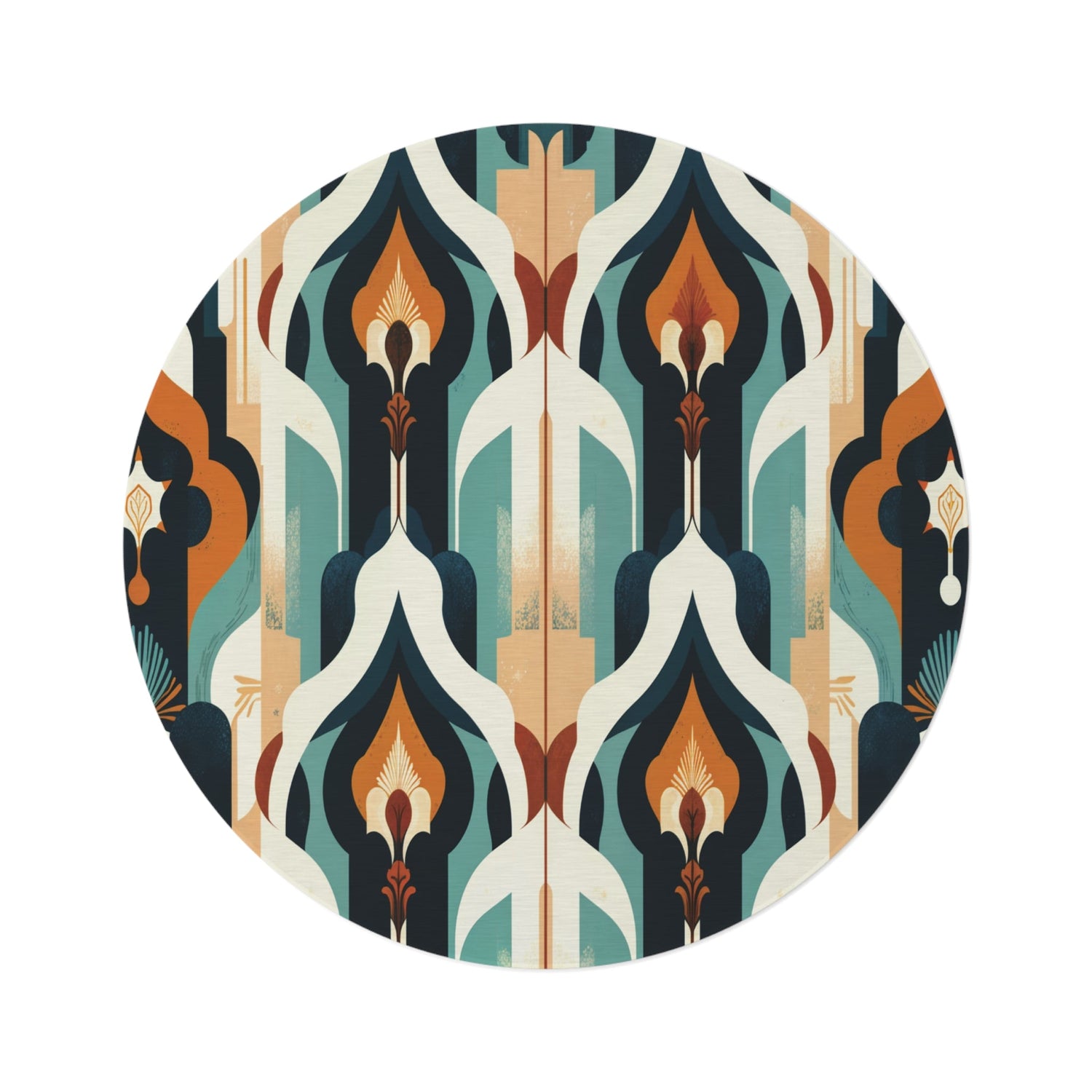 A round rug with a bold Art Deco pattern in navy, teal, cream, orange, and gold. Symmetrical shapes and abstract floral motifs create a vintage, ornate geometric design.