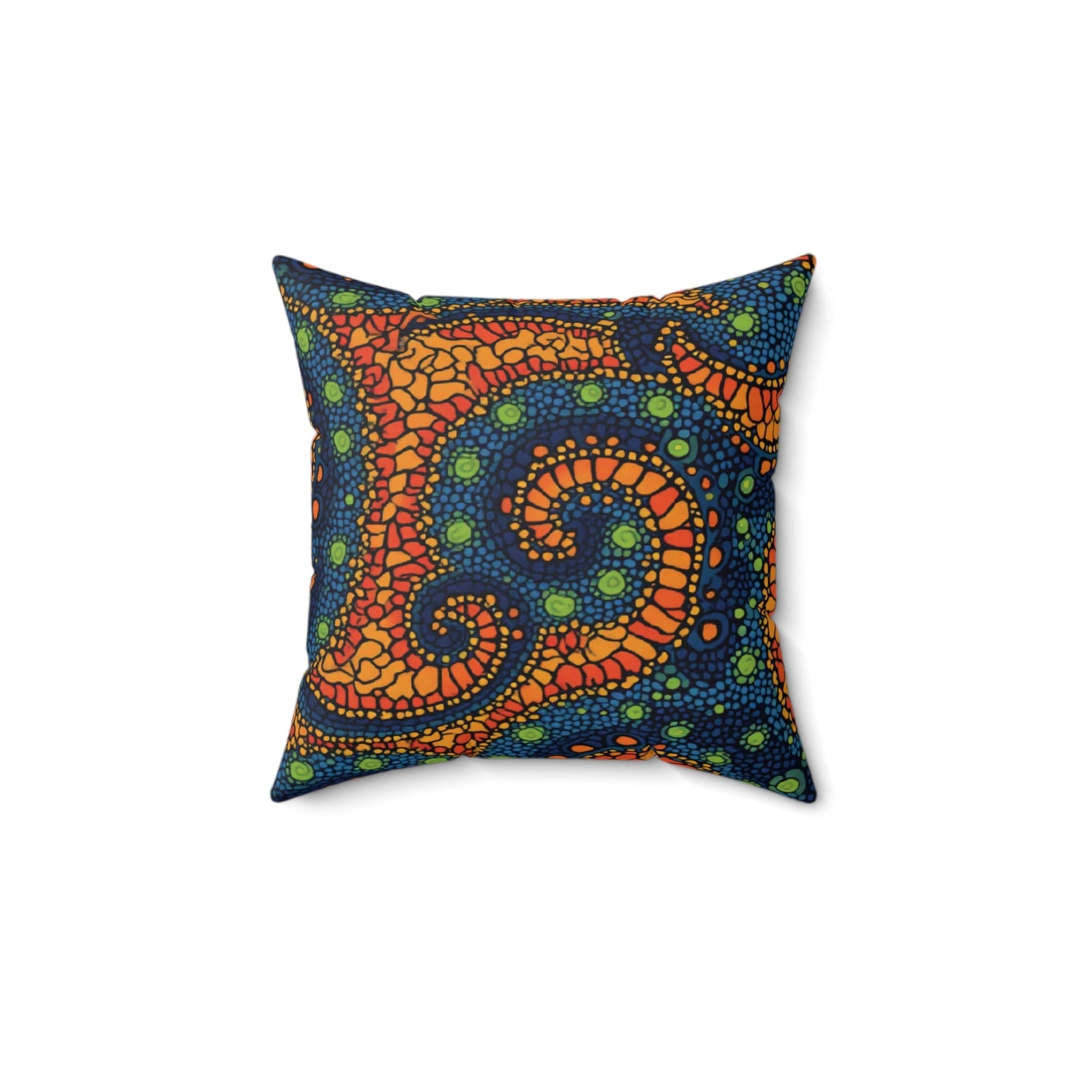 Square pillow with a vibrant pattern of swirling orange, green, and blue mosaic-like shapes and dots on a dark blue background, creating a bold, abstract, and colorful design.