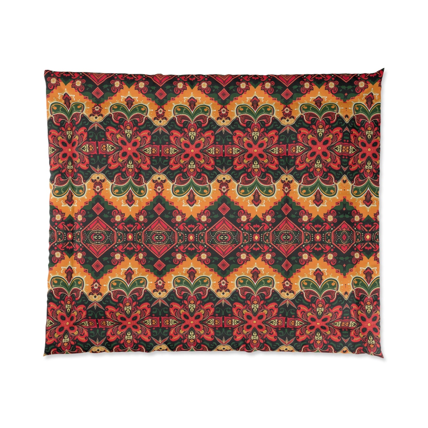 A square pillowcase featuring a bold, symmetrical floral and geometric pattern in red, yellow, green, and black, with repeating rows of detailed flowers and ornate decorative elements.