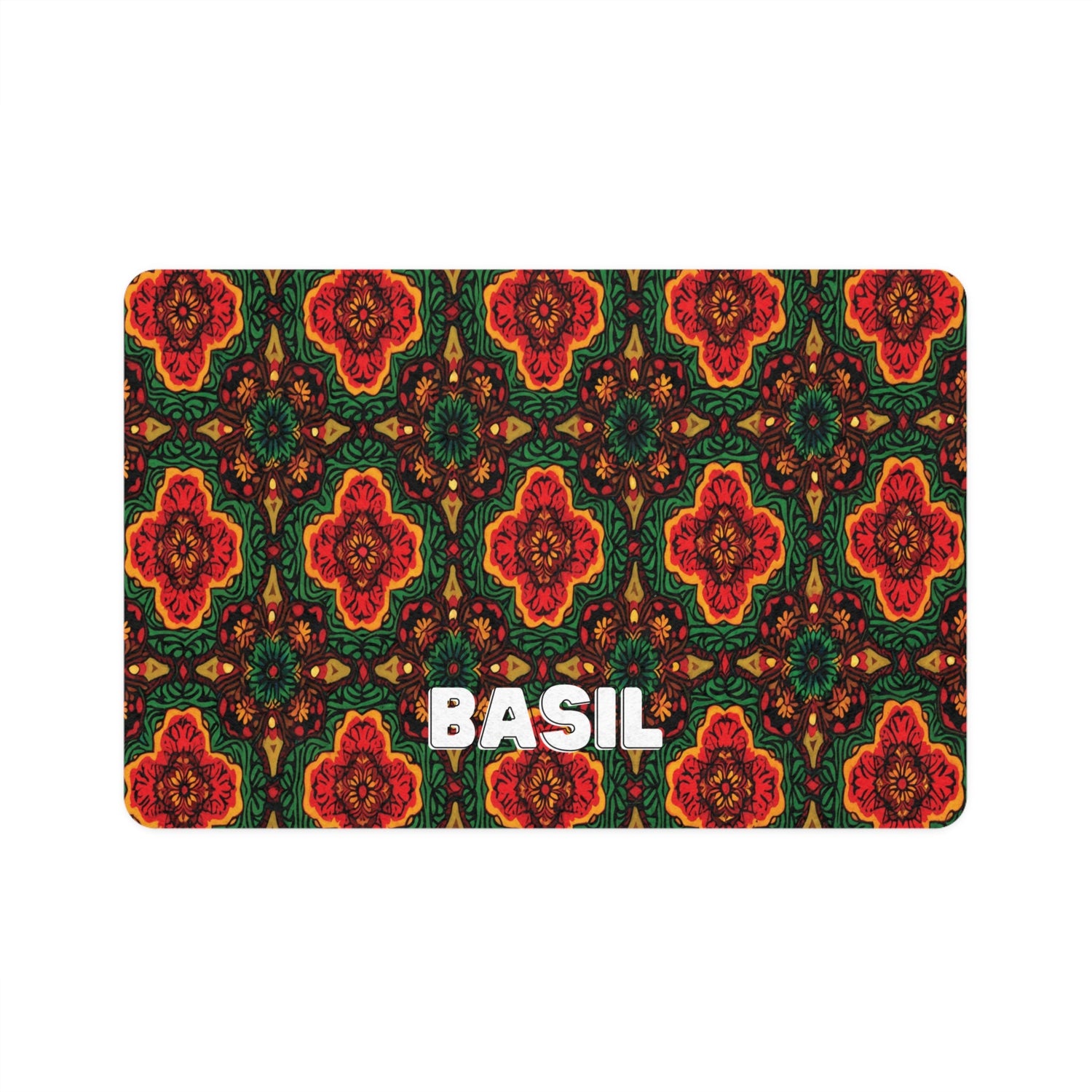 Rectangular card with a colorful, symmetrical floral pattern in red, orange, and green hues. The word BASIL is centered at the bottom in bold, white capital letters. White background.
