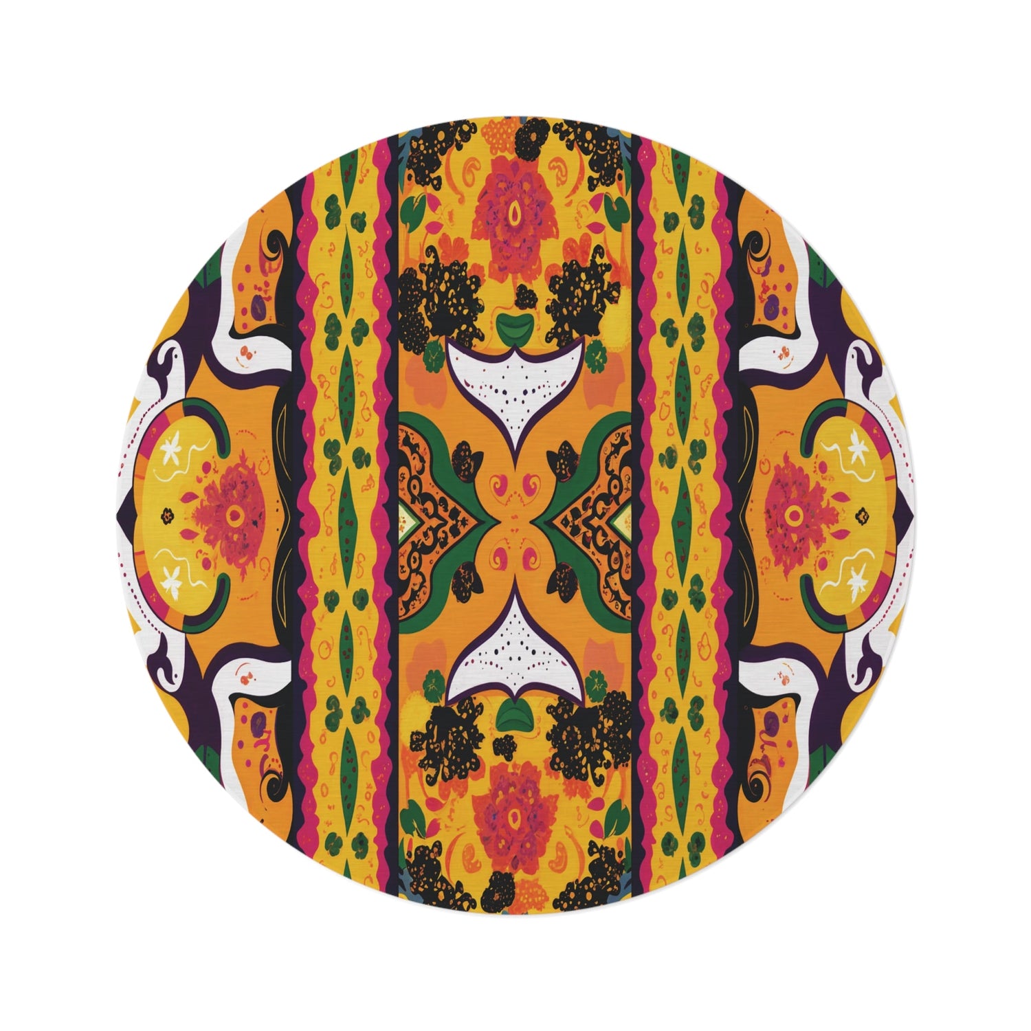 An oval-shaped image featuring a bold, symmetrical pattern with orange, yellow, black, and green floral motifs and wavy lines on a white background. The design appears vibrant and ornate.