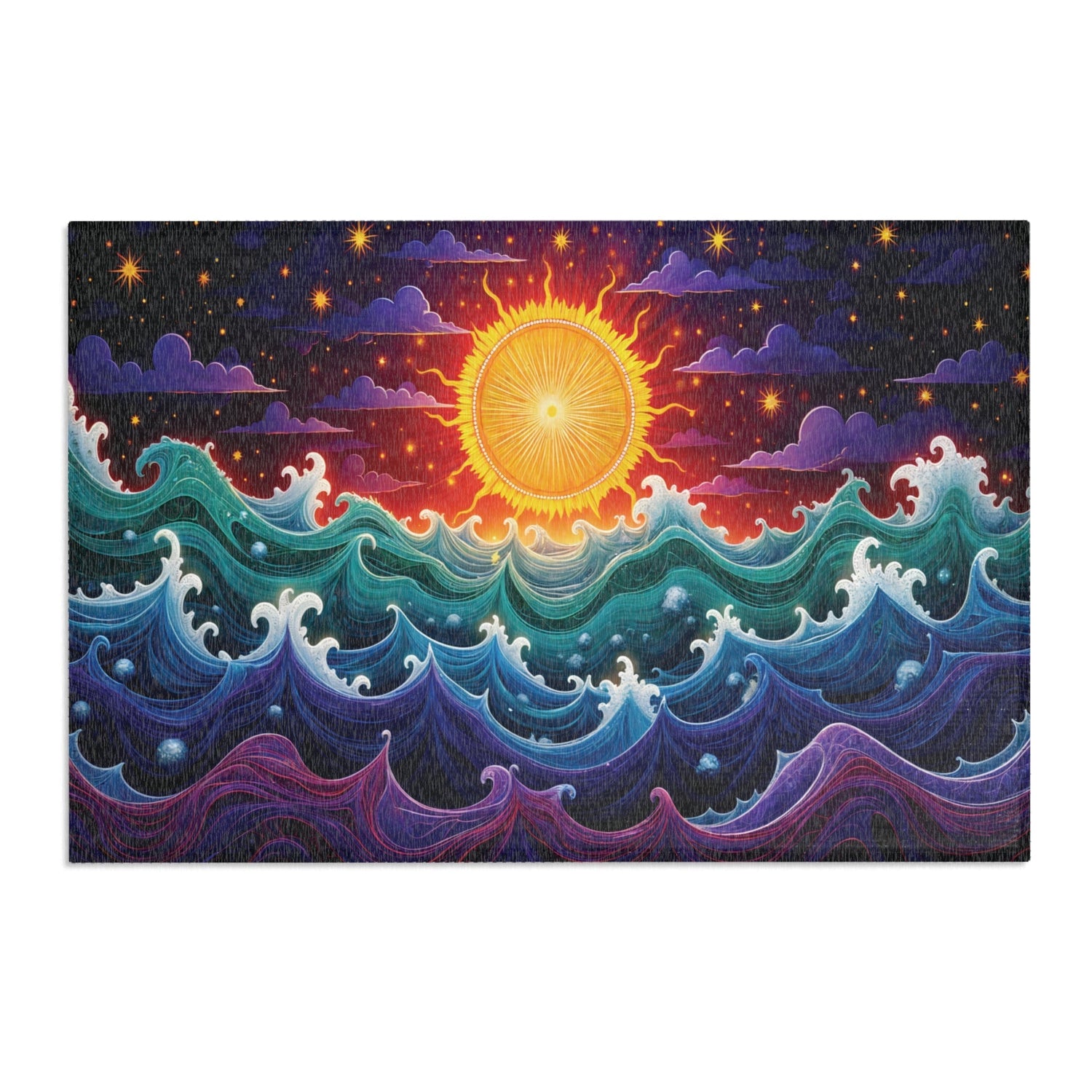 A radiant sun with glowing orange rays rises over stylized, swirling blue and purple ocean waves, under a dark starry sky with purple clouds. The colors are vivid and vibrant.