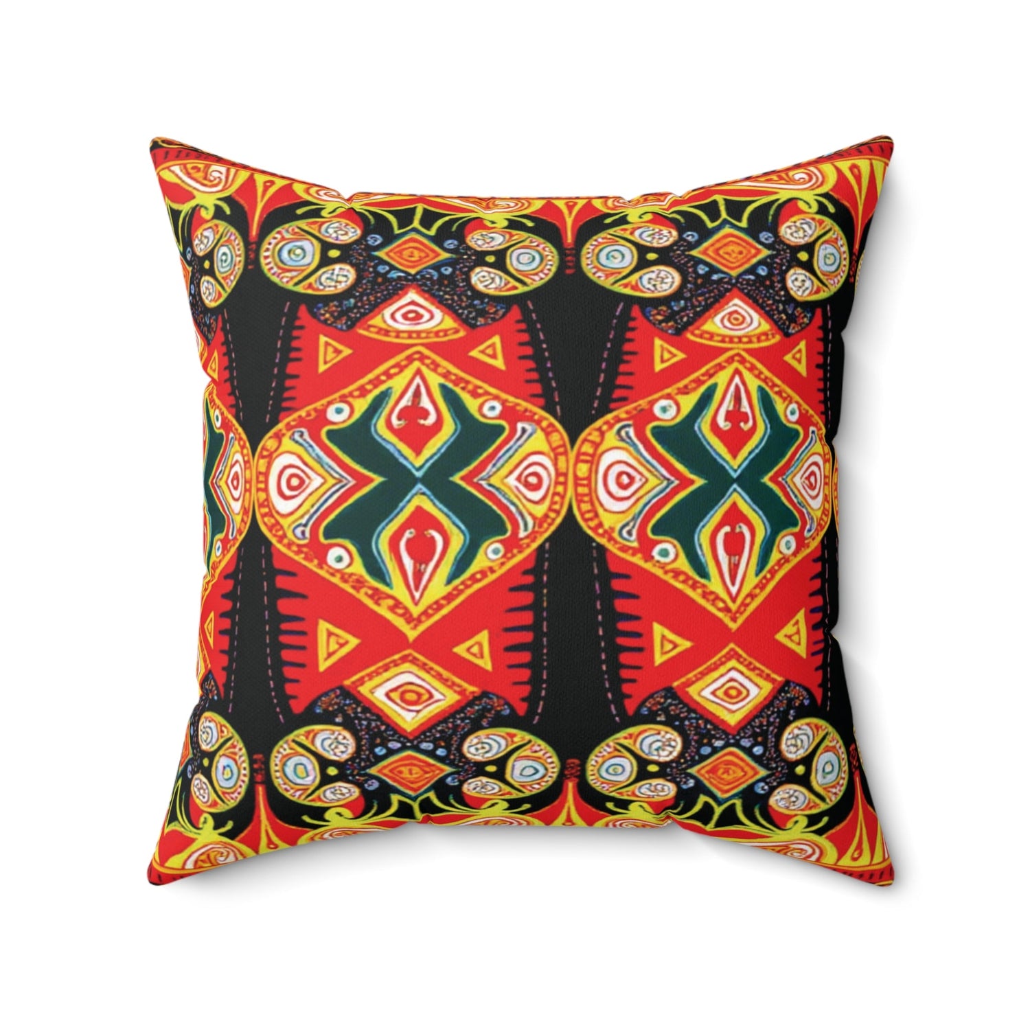 Square pillow with a bold, colorful geometric pattern in red, yellow, black, green, and white, featuring symmetrical shapes and concentric diamond designs with curved and dotted accents.