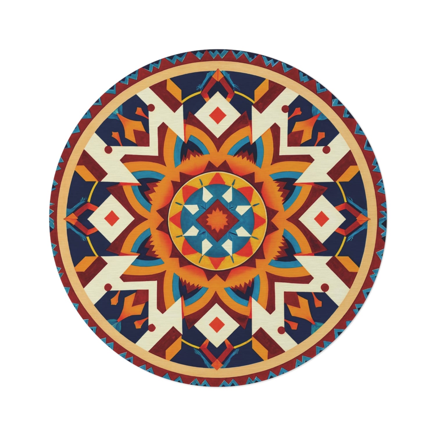 Circular mandala with symmetrical geometric shapes in red, orange, blue, and cream. Features triangles, diamonds, and zigzags, creating a vibrant, intricate pattern on a white background.