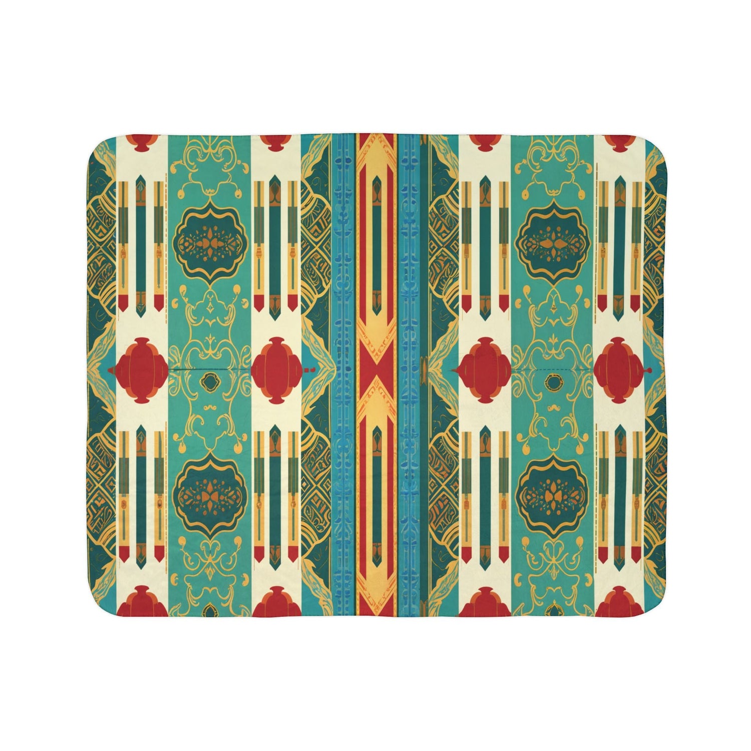A rectangular rug with a vibrant Art Deco pattern, featuring vertical lines of stylized pencils, teal and gold ornate shapes, and red accents on a cream and turquoise background.