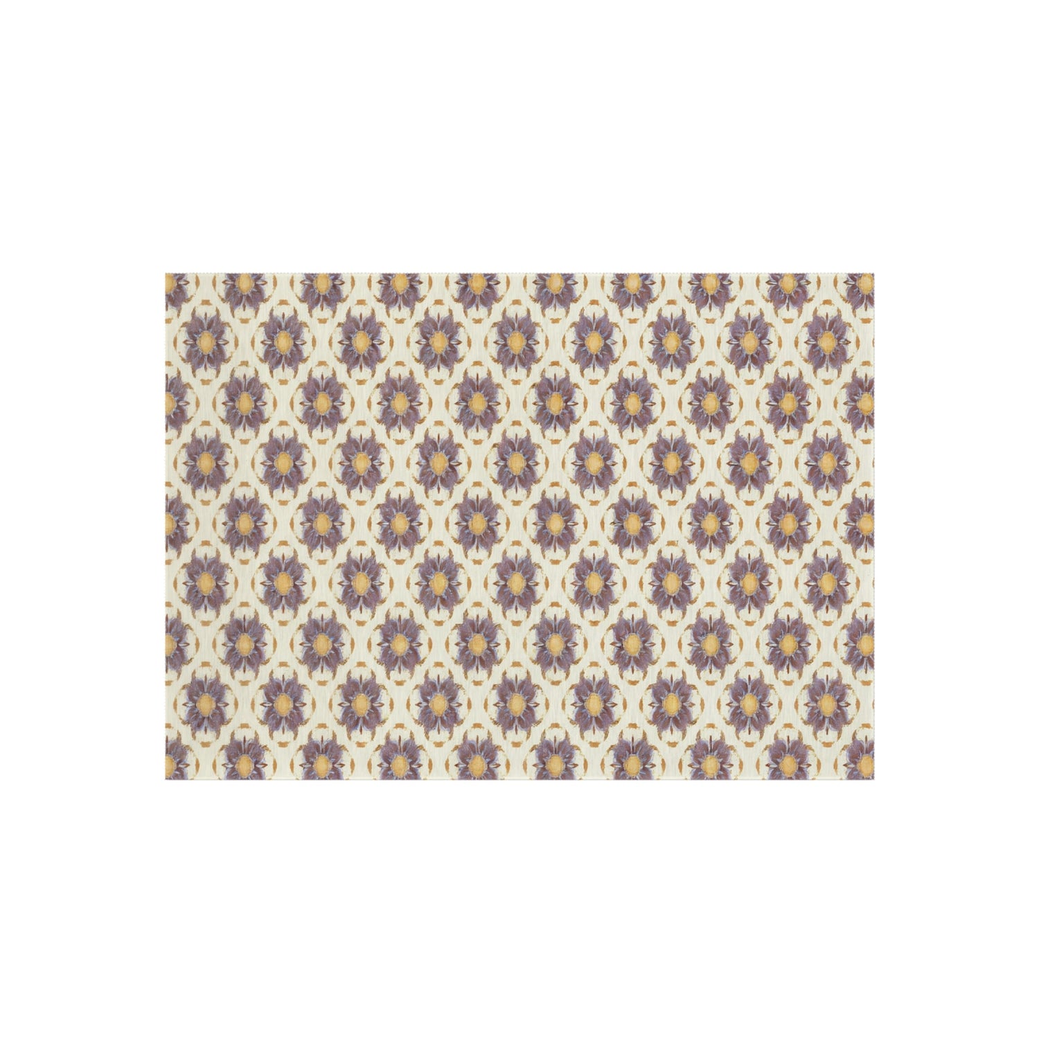A repeating pattern of stylized purple and gold floral shapes with circular elements on a pale beige background, creating a vintage, symmetrical, and decorative design.