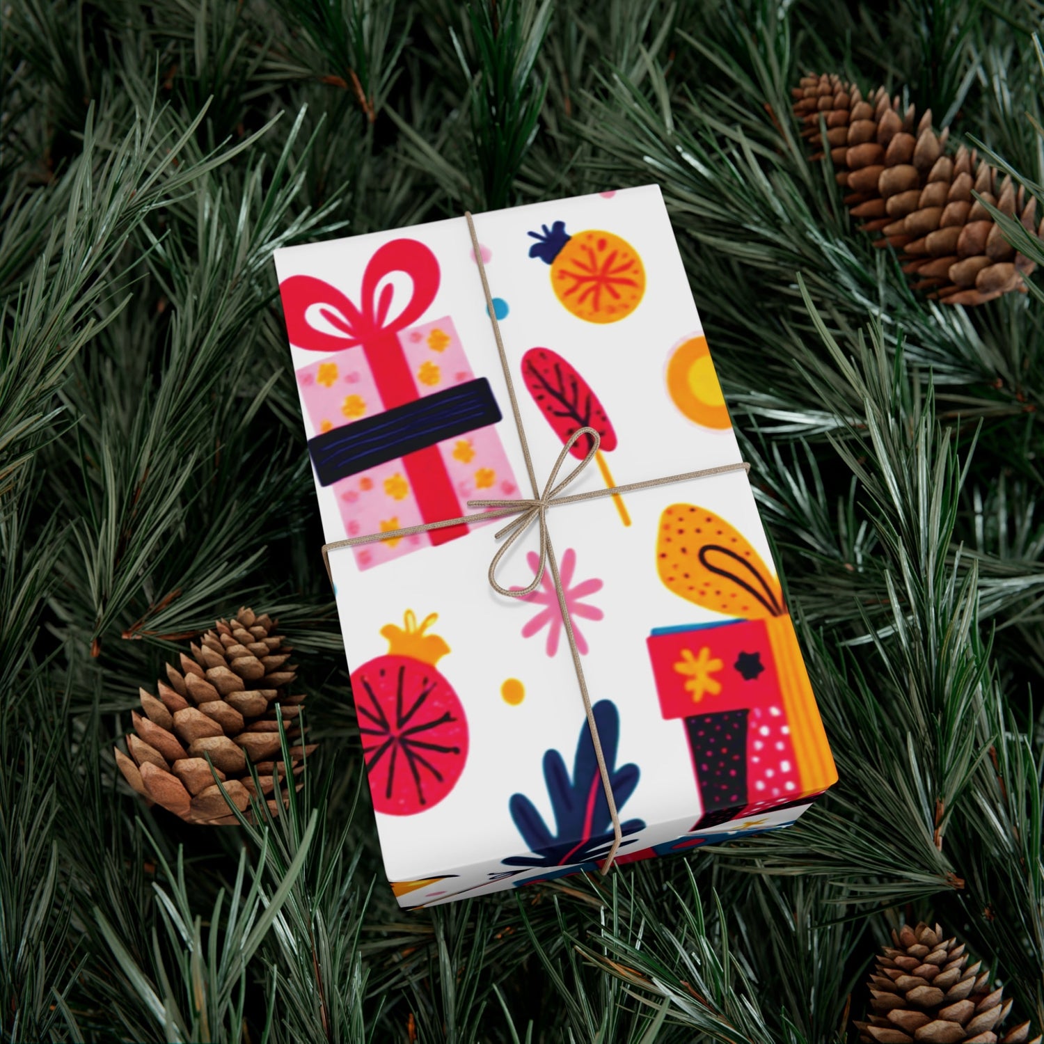 A colorful gift box with festive illustrations sits on pine branches with pinecones. The box is tied with twine, featuring bright patterns of gifts, stars, and abstract shapes.