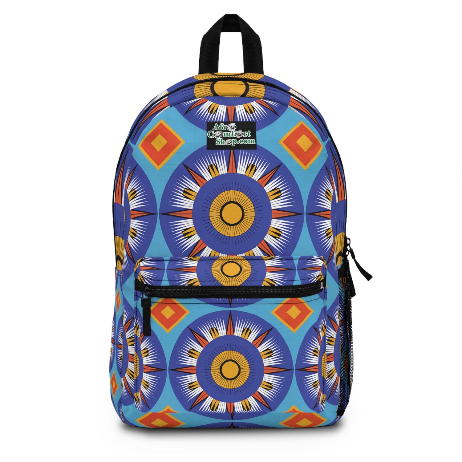 A backpack with bold geometric patterns in blue, orange, yellow, and red, featuring large circular designs and diamond shapes. The front pocket has a zipper, and the top has a handle and black shoulder straps.
