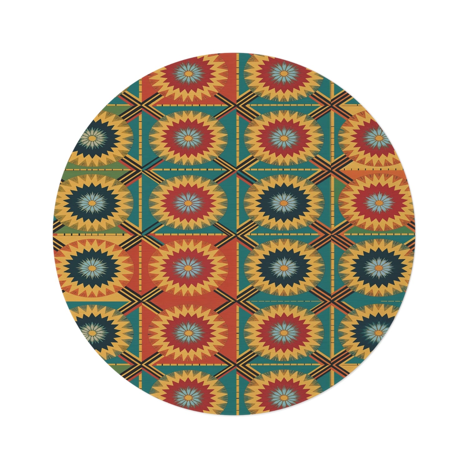 A vibrant geometric pattern featuring a central starburst motif in red, orange, yellow, and black, with symmetrical floral and angular shapes on a white background and decorative borders.