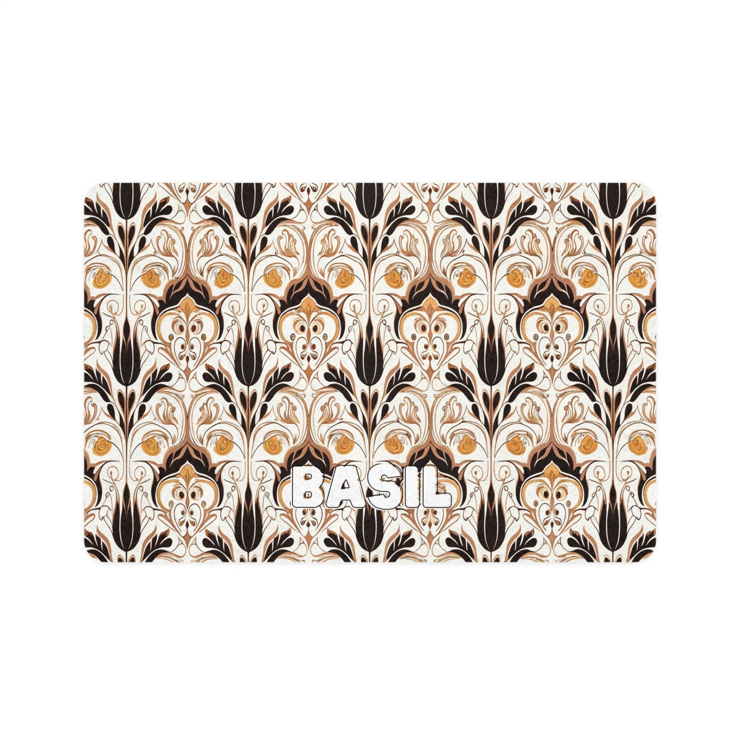 Rectangular label with ornate black, brown, and white floral patterns. The word BASIL appears in bold, white uppercase letters outlined in black, centered at the bottom.