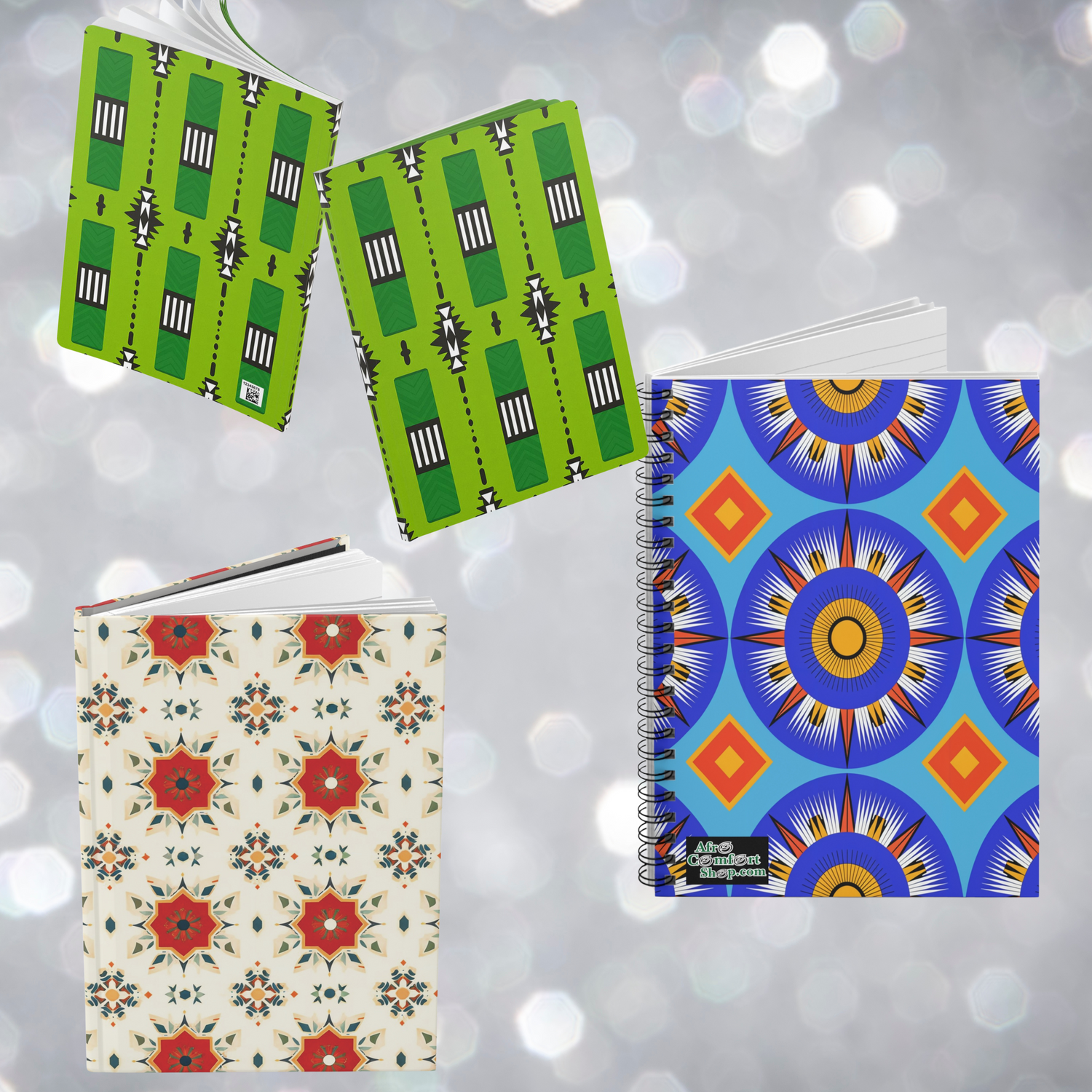 Four notebooks with bold geometric and floral patterns—two green with black and white shapes, one cream with red flowers, and one blue with circular sunburst and diamond designs—are shown on a sparkly background.
