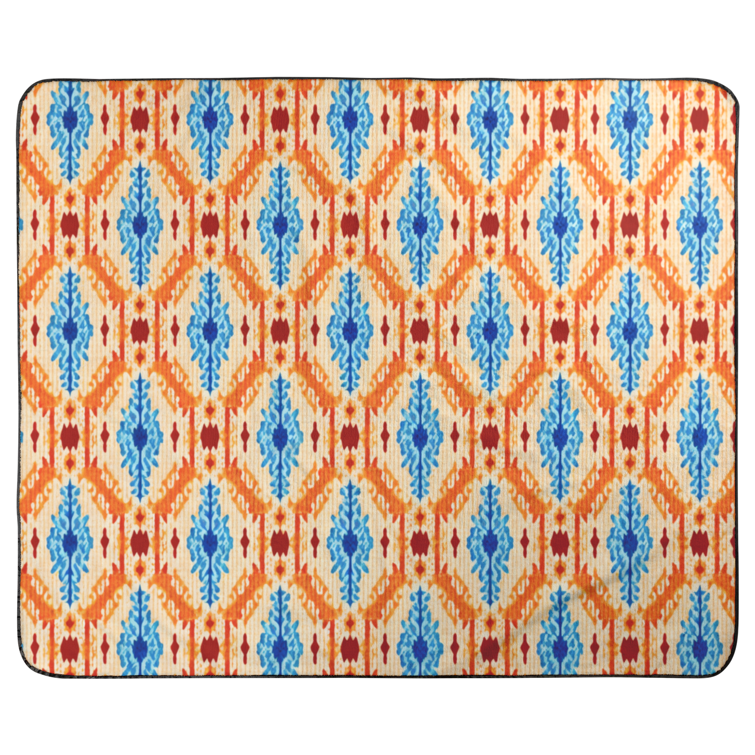 A patterned fabric with repeating diamond shapes in orange, blue leafy motifs in the center, and red vertical accents, all set on a pale yellow background with a thin black border.