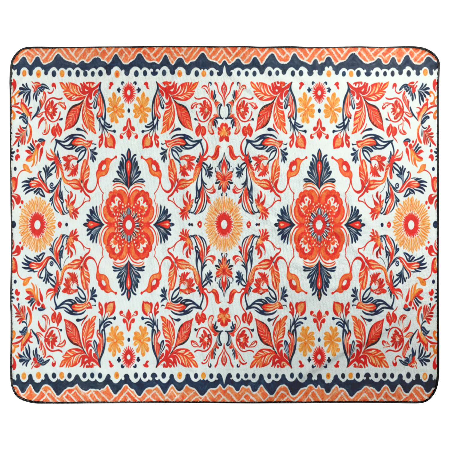 Rectangular rug with a vibrant floral and bird pattern in red, orange, navy blue, and yellow on a white background, featuring symmetrical designs and a decorative border.