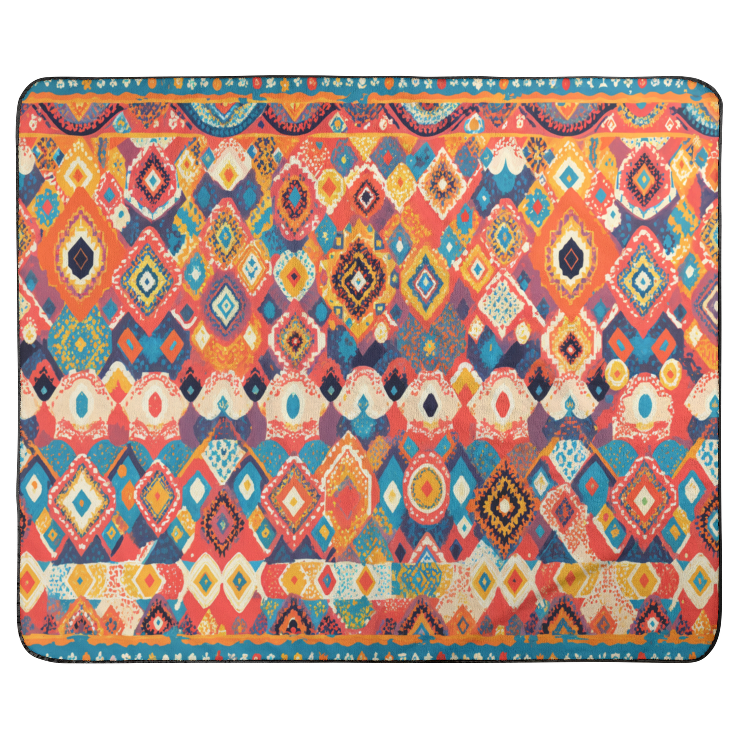 A rectangular mat with a vibrant, multicolored geometric and diamond pattern. The design features red, blue, yellow, orange, and white shapes in a repeating, intricate arrangement.