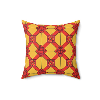 A square faux suede pillow featuring a bold geometric pattern of red and orange shapes outlined in black on a yellow background. This African accent pillow showcases interlocking squares, circles, and diamond shapes in a striking, symmetrical grid.