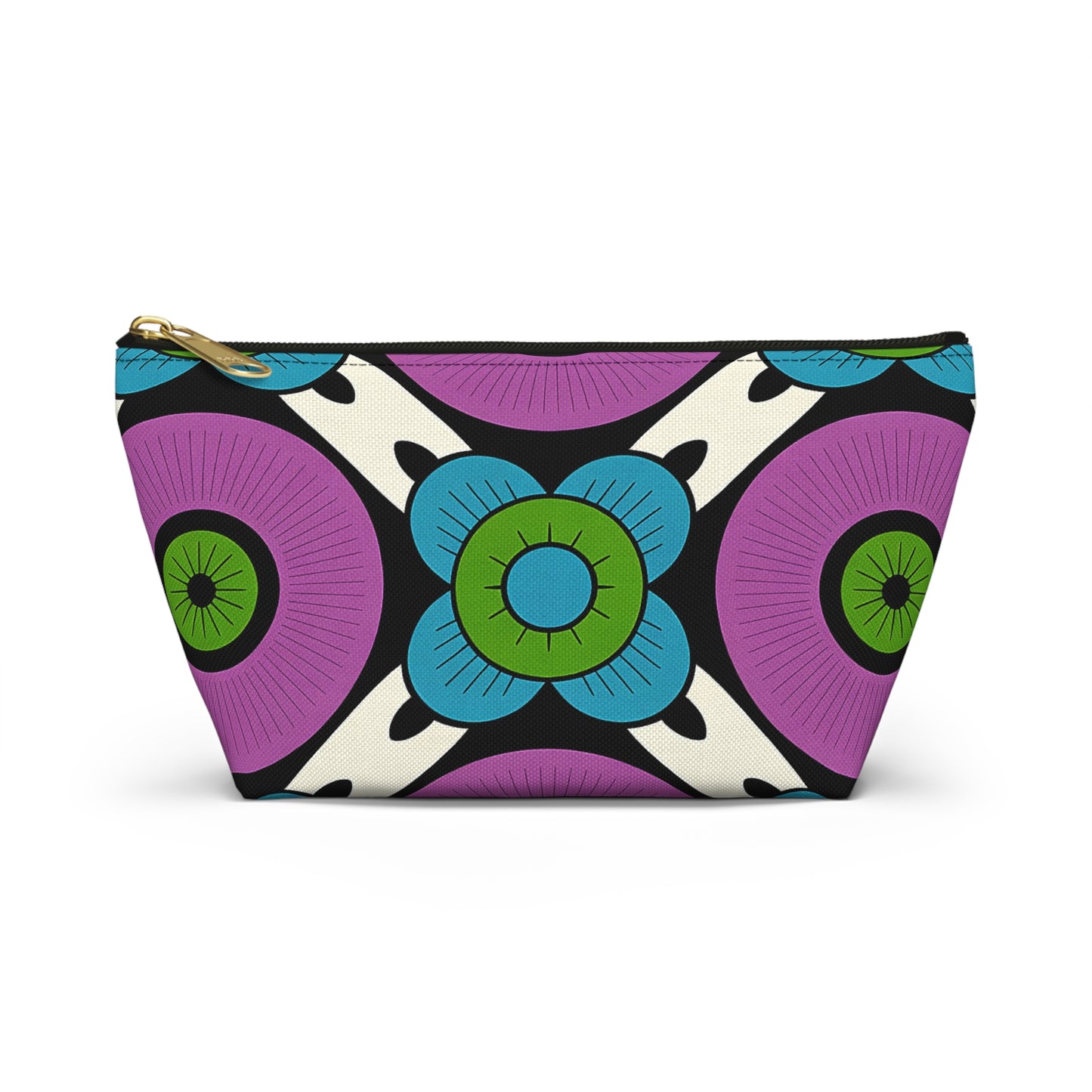 A zippered cosmetic travel bag with a bold, colorful geometric floral pattern. Featuring African-inspired patterns, large blue flowers, purple circles, and black-and-white accents on cream. Gold zipper hardware adds an elegant touch.
