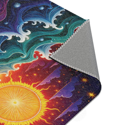 A close-up of a colorful fabric with an abstract cosmic design, featuring the sun, radiant yellow rays, and starry sky—perfect for stylish home decor. One corner is folded to reveal a plain gray back and neat zigzag stitching along the edge.