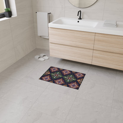 Modern bathroom with light tiled floor and walls, a wooden vanity with a white sink, black faucet, and round mirror. A colorful decorative mat featuring African-inspired aesthetics and non-slip rubber backing adds style. White slippers and folded towels are visible.