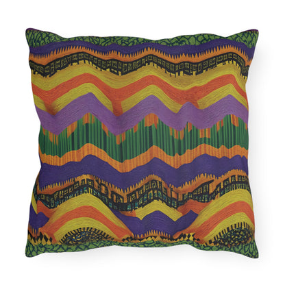 A decorative pillow with a bold, wavy zigzag pattern in vibrant hues. Crafted from UV-resistant fabric, this outdoor pillow features hand-drawn textures and repeating lines for a striking, abstract look that’s perfect for patios or gardens.
