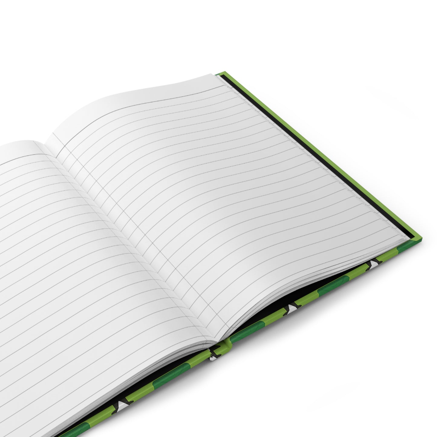 An open hardcover journal with lined white pages lies on a white surface. The green cover with a black border gives this African-inspired notebook a clean, blank space, perfect and ready for your ideas and notes.