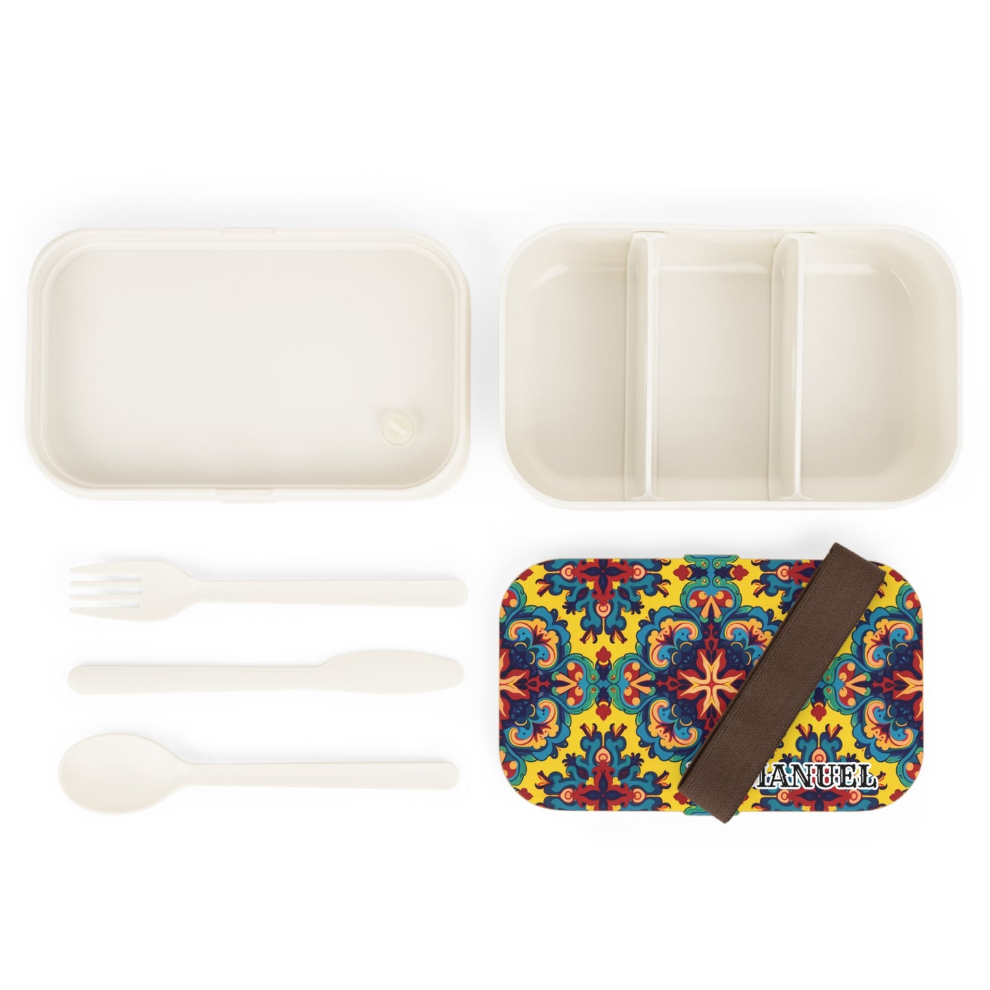A disassembled personalized bento lunch box set, including a white container with three sections, a plain lid, white spoon and fork, and a colorful floral-patterned lid with JANBSELL, all arranged neatly on a white background.