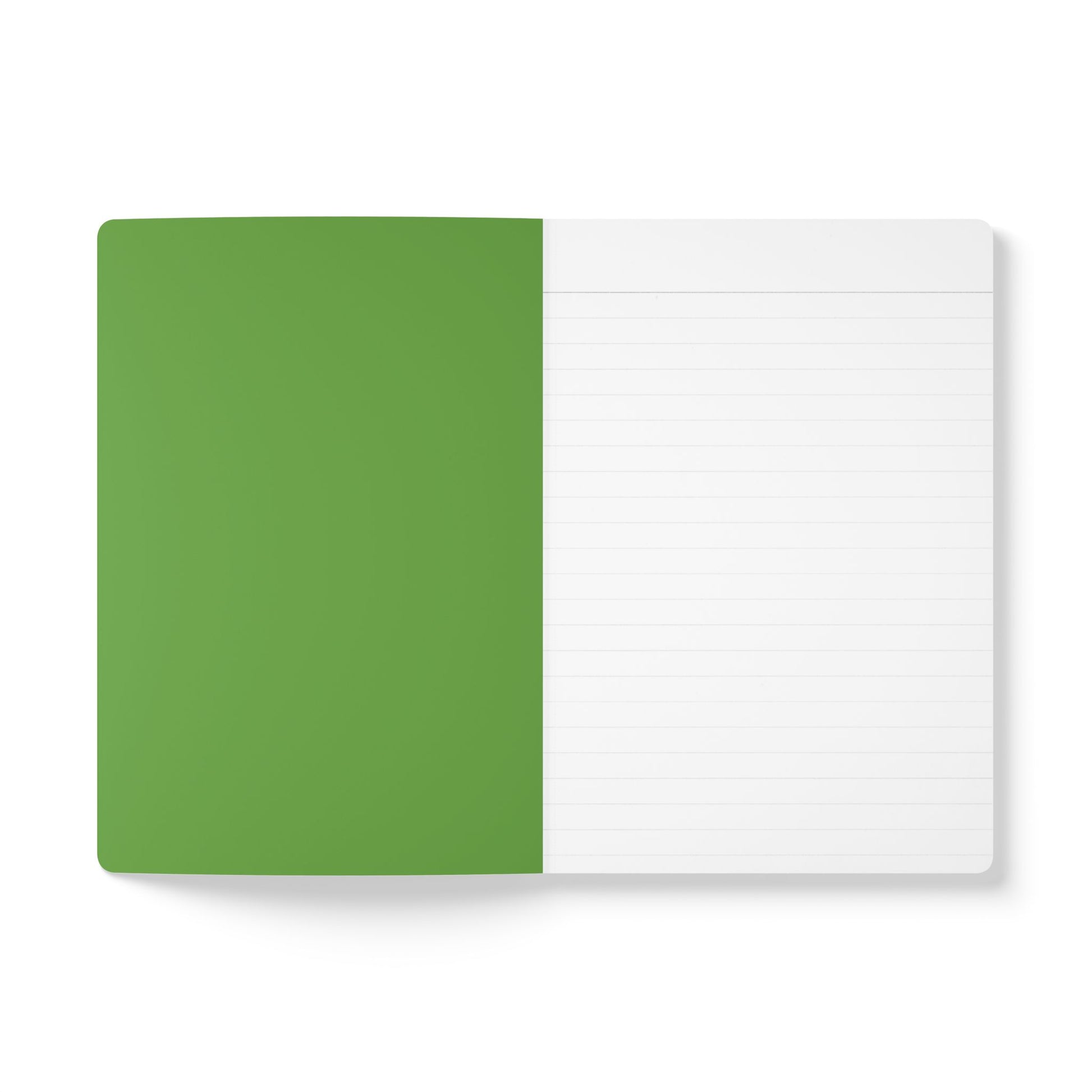 An open creative journal lies flat. The left page is solid green with no writing, while the right page is white with faint gray lines. The background is plain white, and the notebook has rounded corners. Perfect for daily journaling.