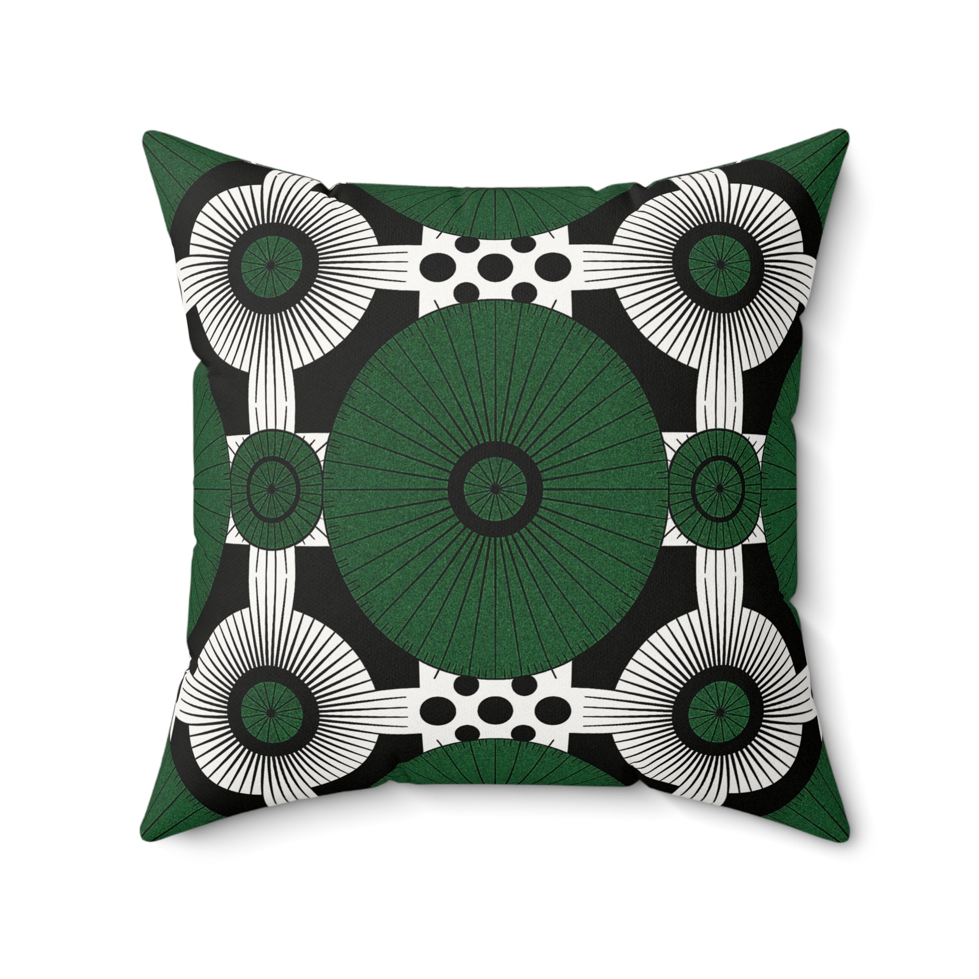This green and black throw pillow features a bold geometric pattern with a large green central circle, white radiating lines, and black polka dots—an eye-catching African accent pillow crafted in soft faux suede for modern style.