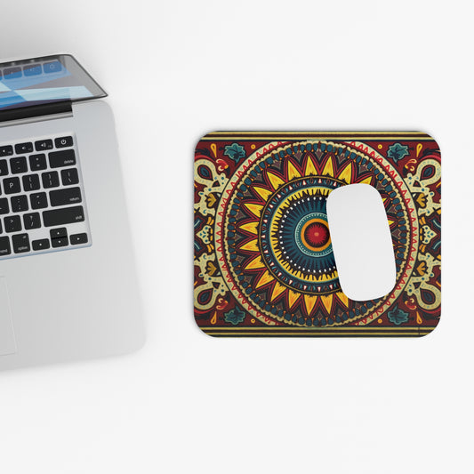 A silver laptop sits on a white surface next to a vibrant desk accessory: an African-inspired mouse pad with a symmetrical mandala in red, yellow, blue, and gold. A white mouse rests on top, partially covering the non-slip rubber base and center pattern.