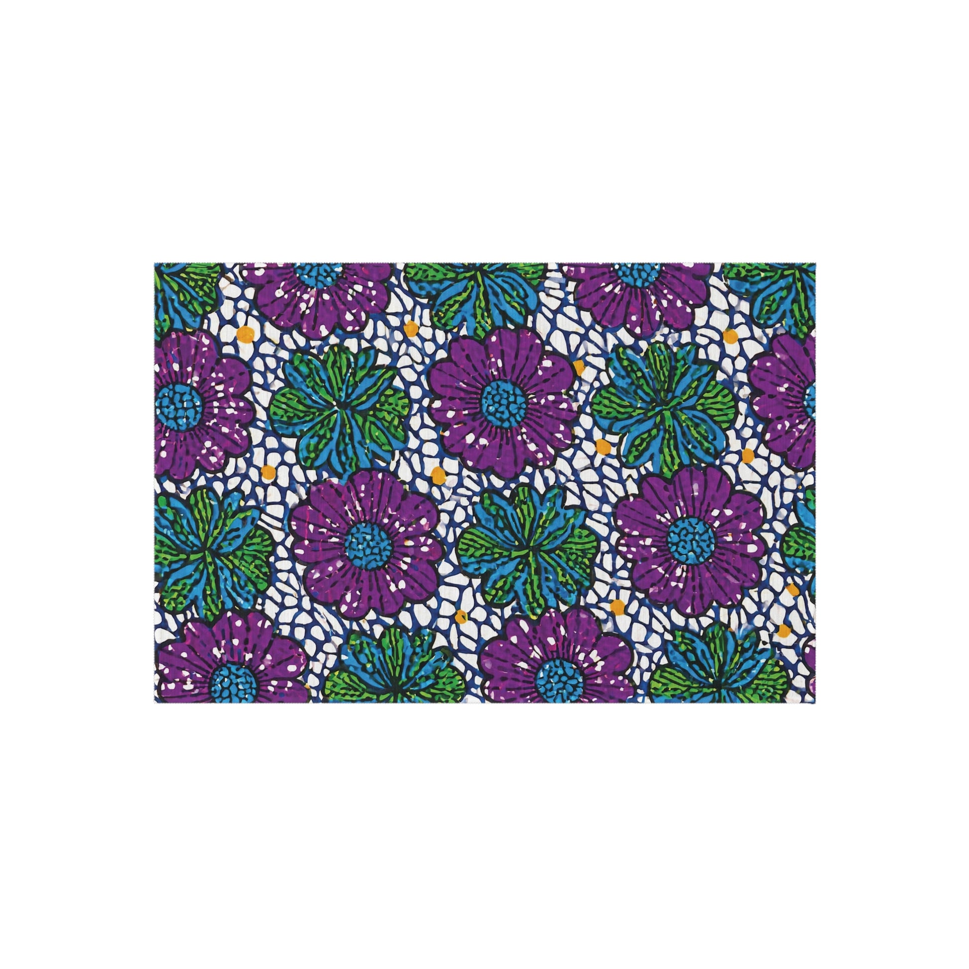 A rectangular pattern featuring large, stylized purple flowers with blue centers and green leaves adorns these African-inspired outdoor rugs. Outlined in black on a white background, the weather-resistant rugs create a vibrant, bold contrast for any space.