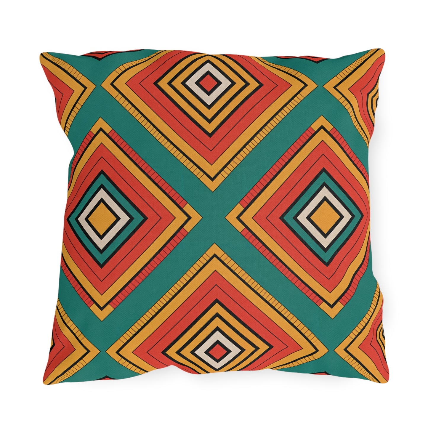 A square outdoor pillow featuring a bold geometric pattern of concentric diamonds in vibrant colors, set against teal. Crafted with weatherproof materials, this customizable design adds a modern, eye-catching touch to any space.