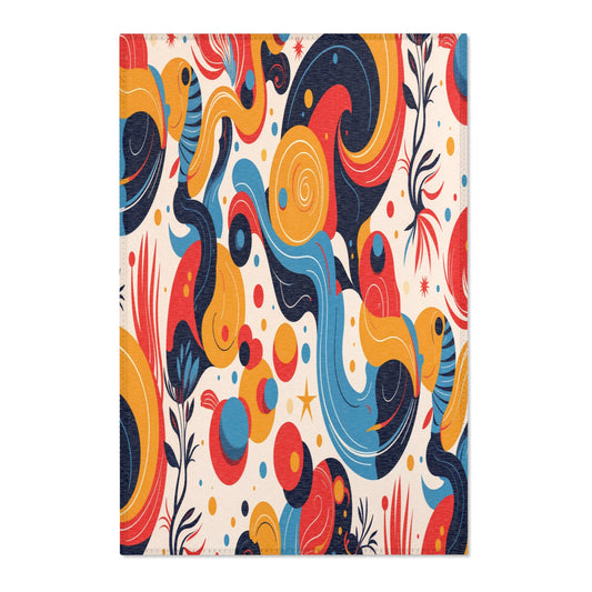 Abstract art with swirling shapes and curved lines in vibrant red, yellow, blue, and navy on a cream background. Inspired by African design rugs, this dynamic pattern brings stylish home decor to life with circular forms, stars, dots, and plant-like elements.