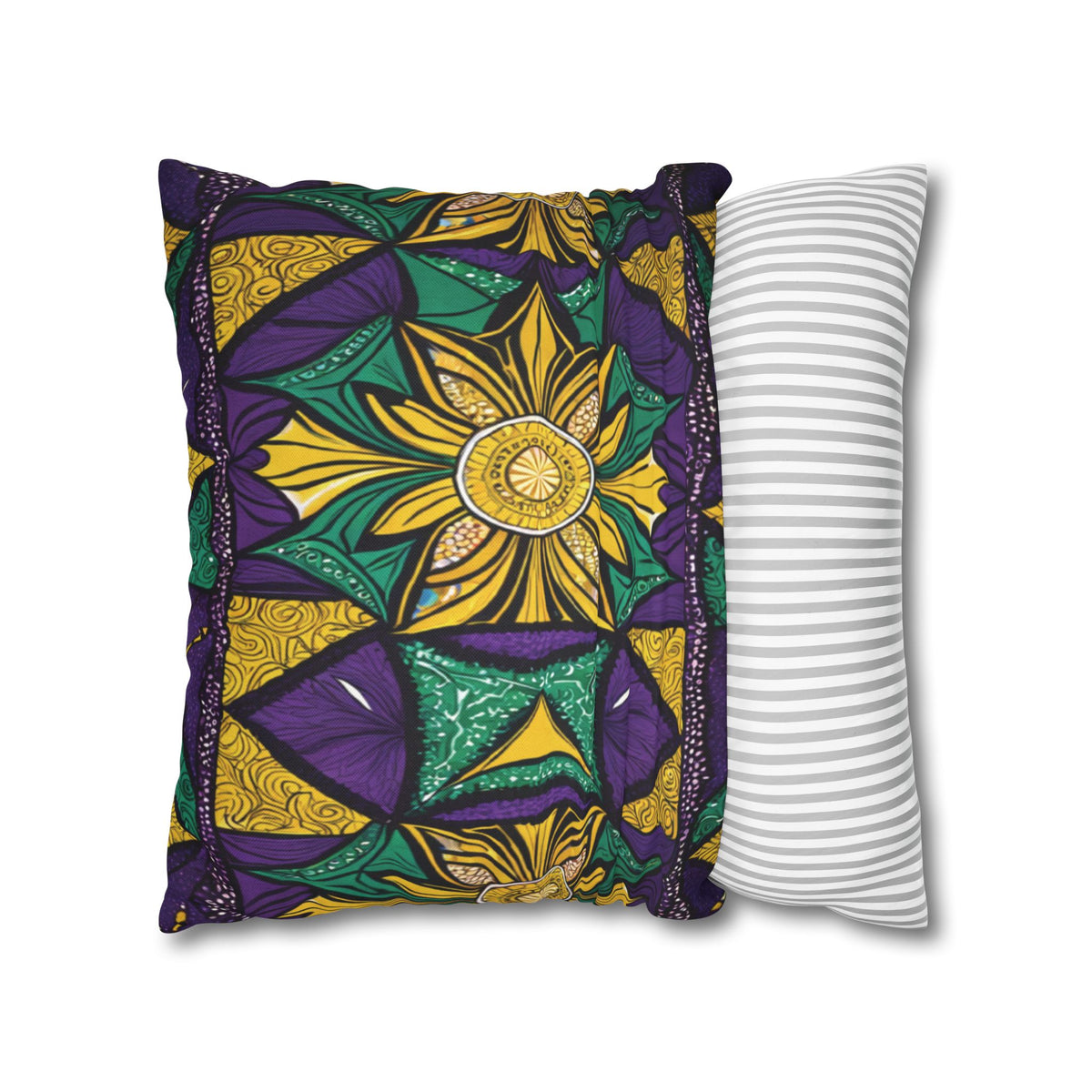 Two pillows are shown: one with vibrant African-inspired patterns in yellow, green, purple, and black; the other with a simple gray and white horizontal stripe design. Both vibrant pillowcases are set against a plain white background.