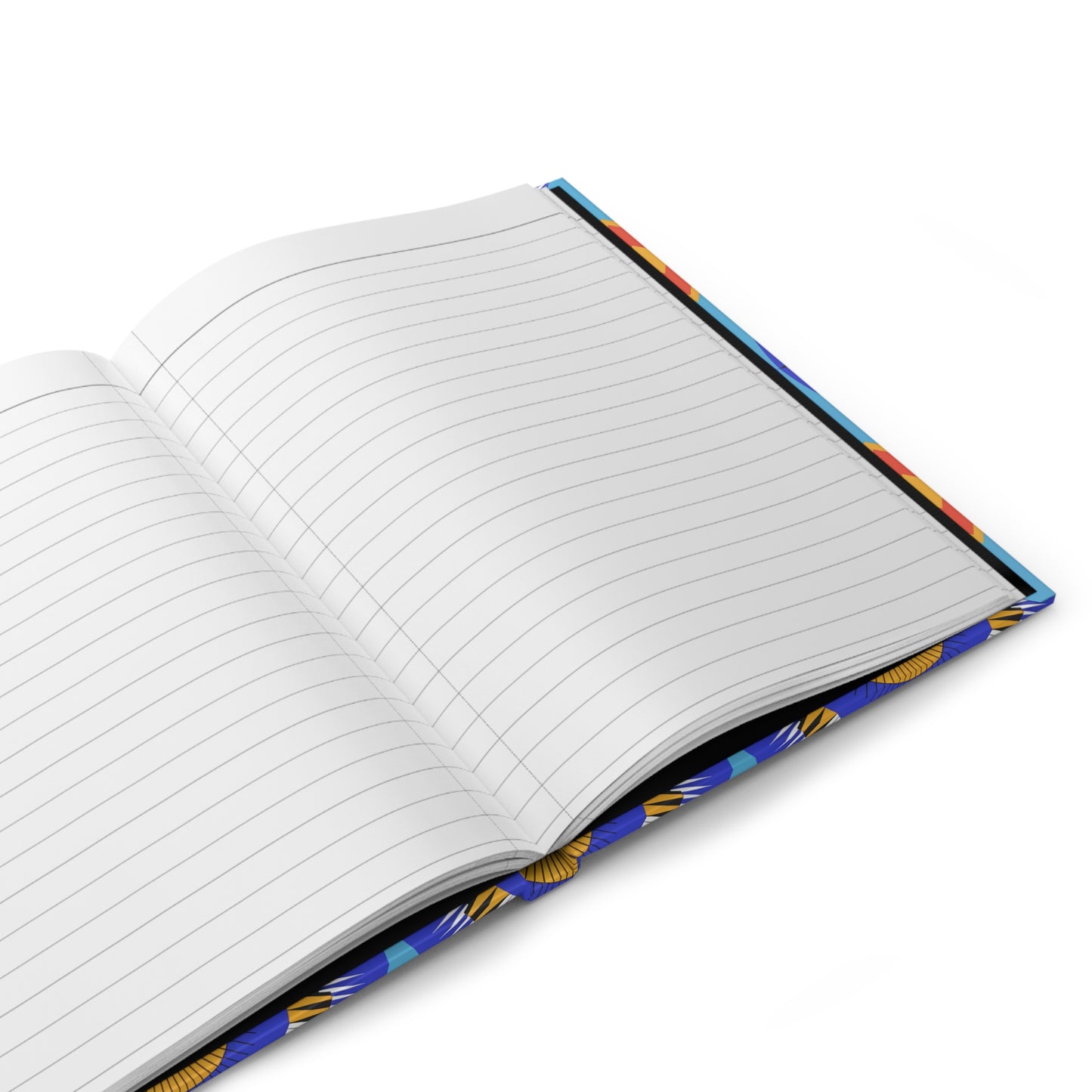 An open African-inspired notebook with a colorful, patterned cover featuring blue, yellow, and orange designs. The pages are blank and white with horizontal grey lines. The lined writing journal is angled on a white surface with its spine visible on the right side.