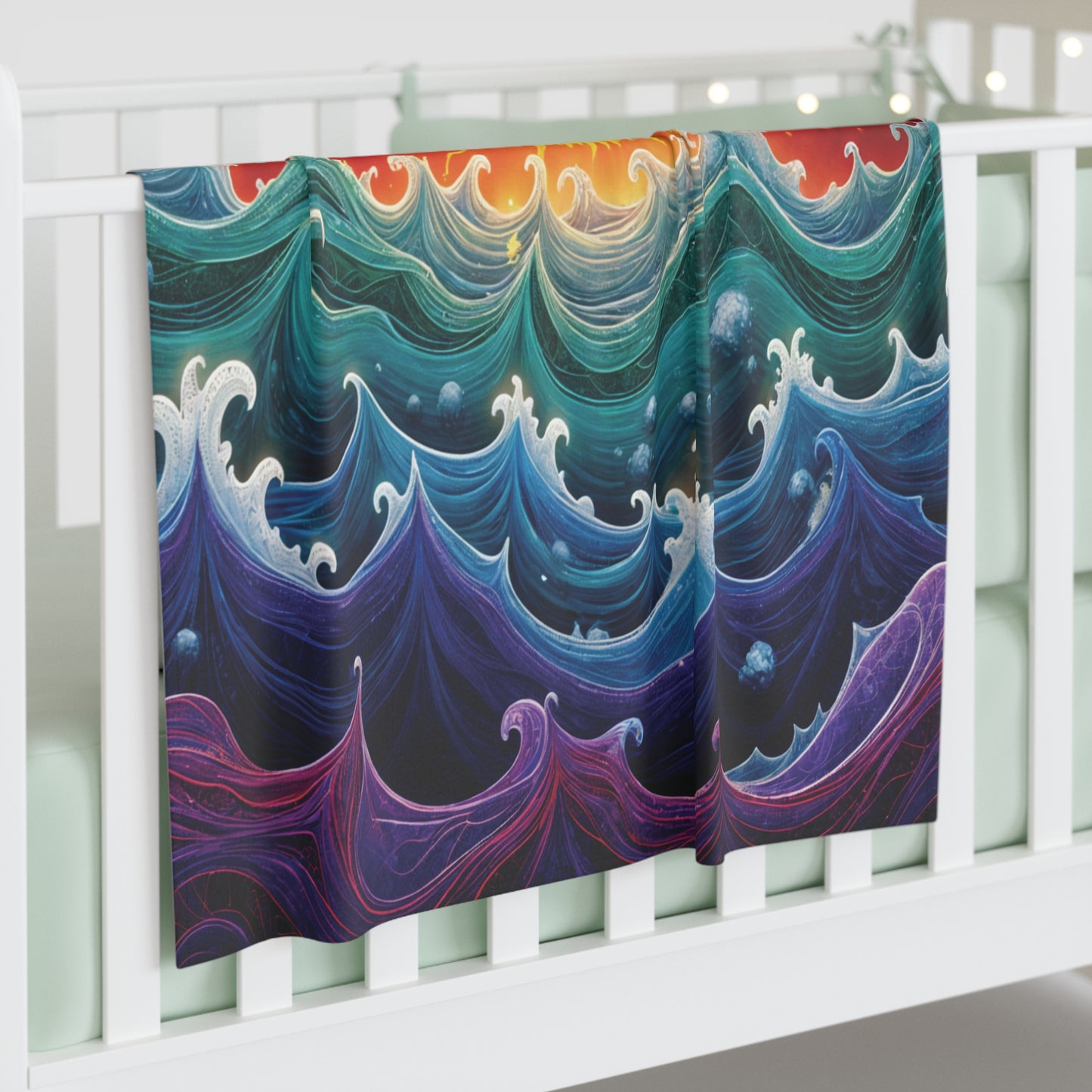 A colorful customizable baby blanket with a vibrant, swirling ocean wave pattern in blue, teal, purple, and hints of orange hangs over the side of a white crib. The softly lit background features string lights for added charm.
