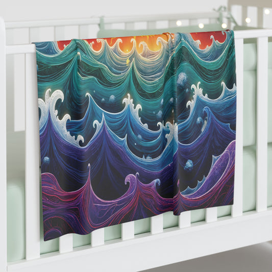 A colorful customizable baby blanket with a vibrant, swirling ocean wave pattern in blue, teal, purple, and hints of orange hangs over the side of a white crib. The softly lit background features string lights for added charm.