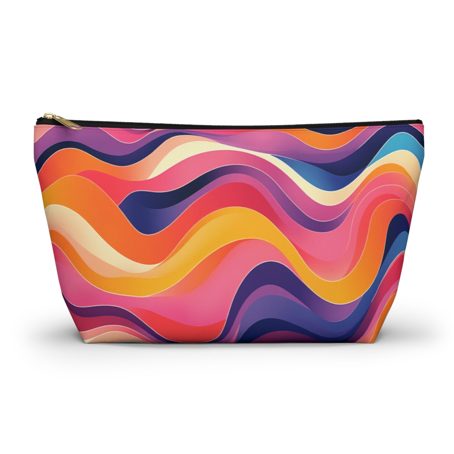 A T-bottom pouch featuring a colorful, wavy abstract pattern in shades of pink, orange, yellow, purple, and blue. Inspired by African-inspired patterns, this vibrant cosmetic travel bag has a gold zipper and soft curves on a plain white background.