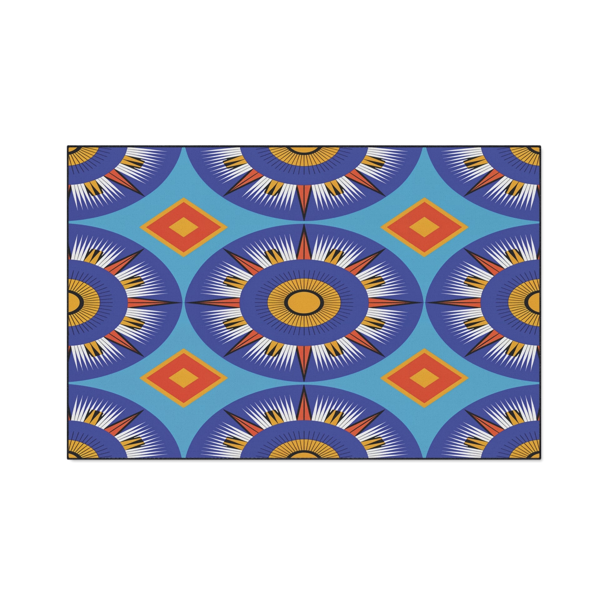 A repeating geometric pattern with blue, yellow, orange, and white starbursts surrounded by blue circles. This African-inspired design features orange and yellow diamonds on a blue background, creating a vibrant, symmetrical effect—perfect for custom floor mats.