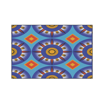 A repeating geometric pattern with blue, yellow, orange, and white starbursts surrounded by blue circles. This African-inspired design features orange and yellow diamonds on a blue background, creating a vibrant, symmetrical effect—perfect for custom floor mats.