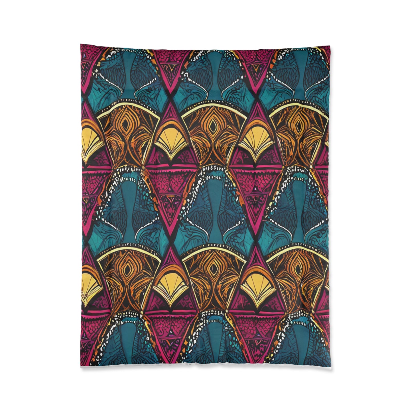 A blanket with a bold, African-inspired geometric and abstract pattern featuring overlapping triangles in teal, mustard yellow, and magenta. Each triangle contains intricate, symmetrical, leaf-like and dotted designs for a vibrant visual effect.