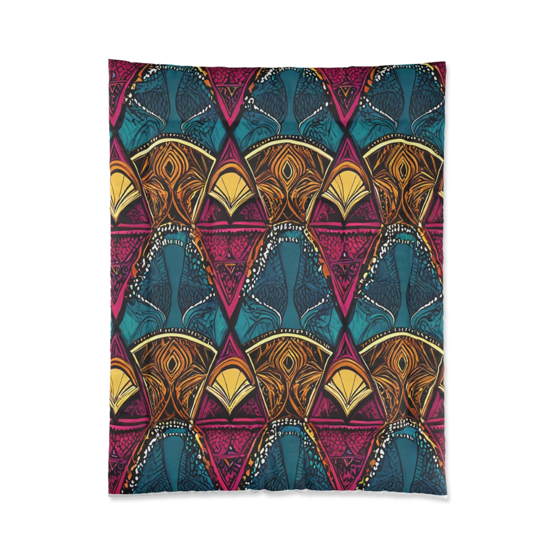 A blanket with a bold, African-inspired geometric and abstract pattern featuring overlapping triangles in teal, mustard yellow, and magenta. Each triangle contains intricate, symmetrical, leaf-like and dotted designs for a vibrant visual effect.