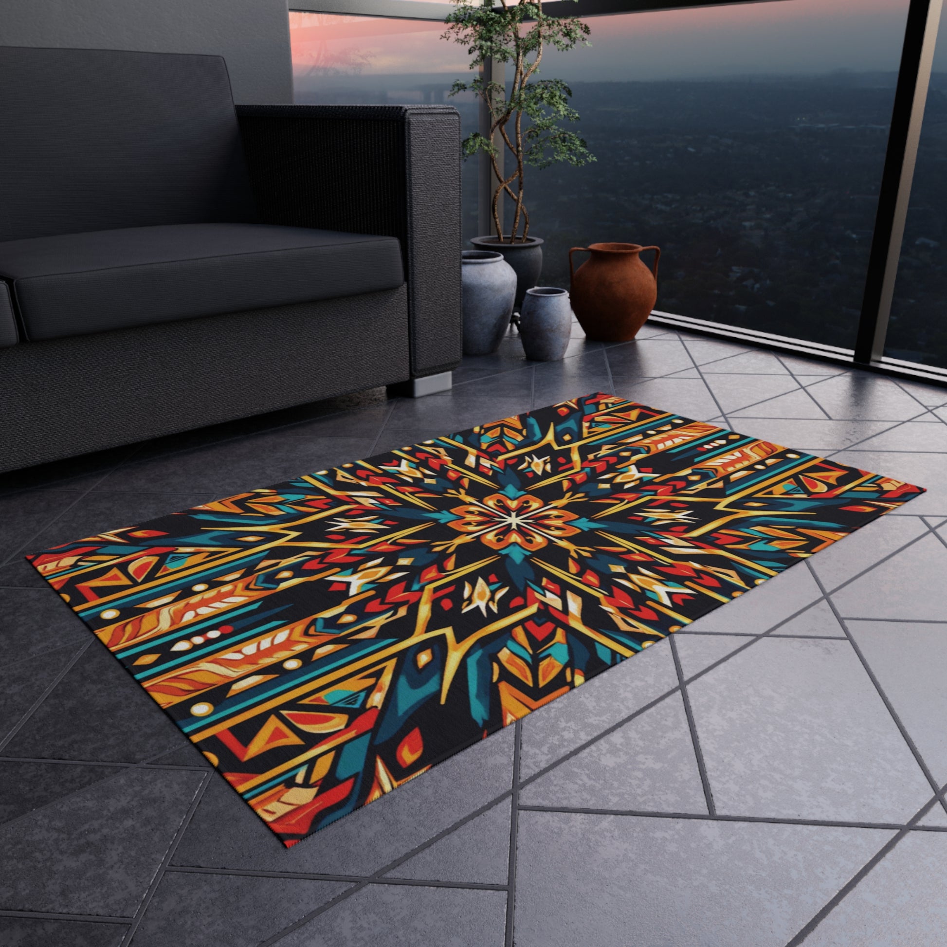 A colorful geometric area rug, crafted from weather-resistant polyester chenille with no-slip backing, displays bold orange, blue, red, and yellow patterns on gray tiled flooring beside a dark modern sofa. Potted plants and sunset city views complete the look.