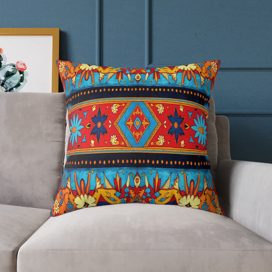 A square vibrant throw pillow with a geometric and floral pattern in red, yellow, blue, and orange rests on a light gray sofa. Behind it, a blue wall and framed cactus art print add to the colorful home decor and modern vibe.