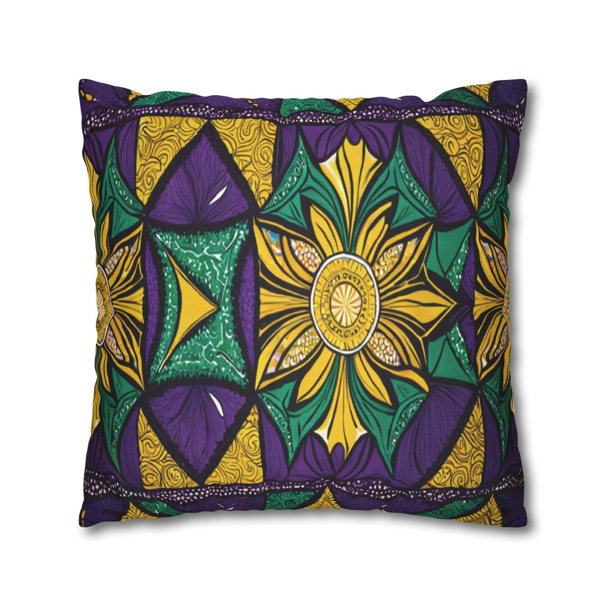 A rectangular pillow with bold African patterns in green, yellow, and purple. Large, stylized flowers and geometric shapes swirl across a white background. Decorative borders complete these vibrant pillowcases with striking detail.