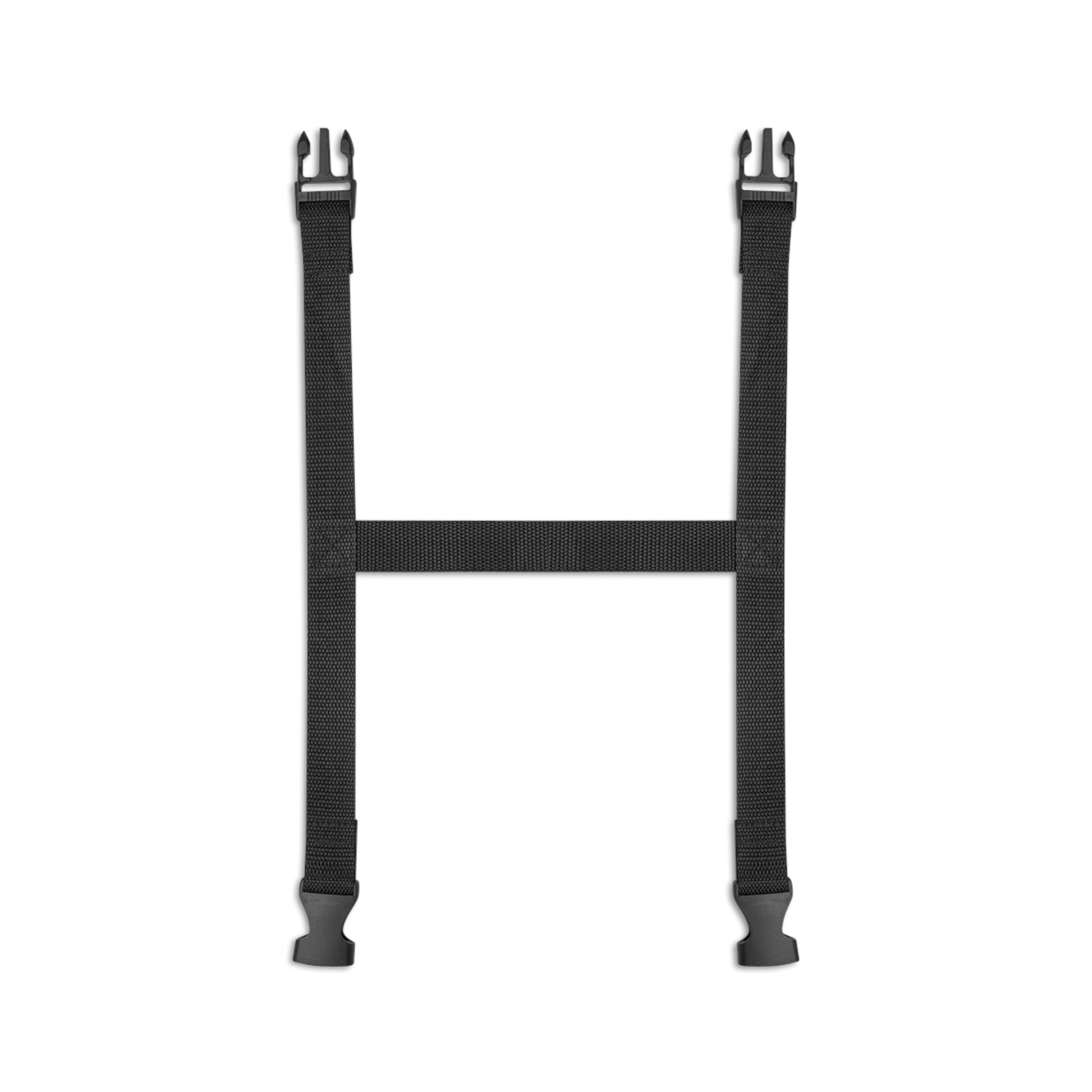 Two black nylon straps with plastic buckles form an H shape on a white background, ideal for securing your African-inspired Picnic Blanket or Water-resistant Blanket in your Outdoor Sanctuary. Each strap features both male and female side-release buckles.