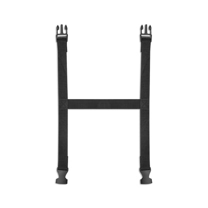 Two black nylon straps with plastic buckles form an H shape on a white background, ideal for securing your African-inspired Picnic Blanket or Water-resistant Blanket in your Outdoor Sanctuary. Each strap features both male and female side-release buckles.