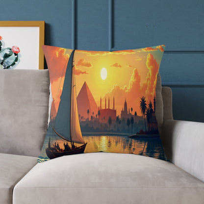 A vibrant throw pillow on a beige sofa features a sailboat on a river at sunset, with silhouettes of palm trees, pyramids, and domed buildings. Warm orange and yellow tones evoke an Egyptian landscape, perfect for colorful home decor.