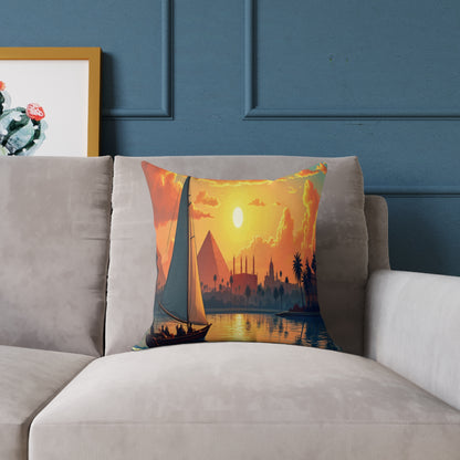 A vibrant throw pillow on a beige couch features a sailboat at sunset, with pyramids, palm trees, and mosque silhouettes. Blue paneled walls and framed cactus art add charm to this colorful home decor setting.