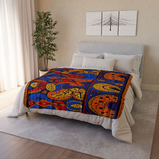 A neatly made bed with white bedding features a vibrant, African-inspired blanket in blue, orange, and yellow paisley designs. The room has light walls, a large green potted plant, white curtains, and a two-piece tree artwork above the bed.